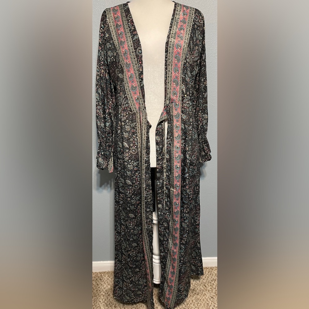 Paani Boho Paisley Kimono Duster Robe Tie Front Festival Beach Cover Up Medium - Picture 2 of 8